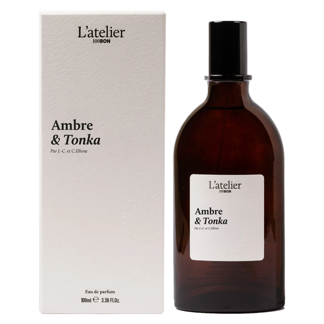 100Bon Ambre & Tonka 100ml carton and perfume bottle, facing forward side by side on a white background