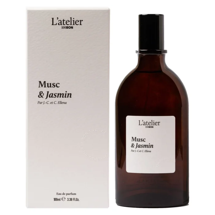100Bon Musc & Jasmin 100ml carton and perfume bottle, facing forward side by side on a white background