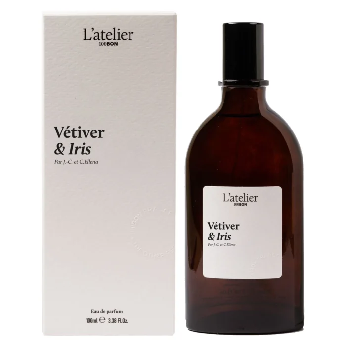 100Bon Vétiver & Iris 100ml carton and perfume bottle, facing forward side by side on a white background
