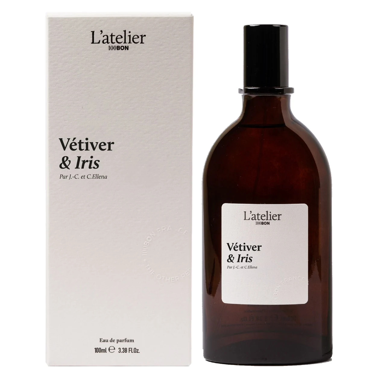 100Bon Vétiver & Iris 100ml carton and perfume bottle, facing forward side by side on a white background