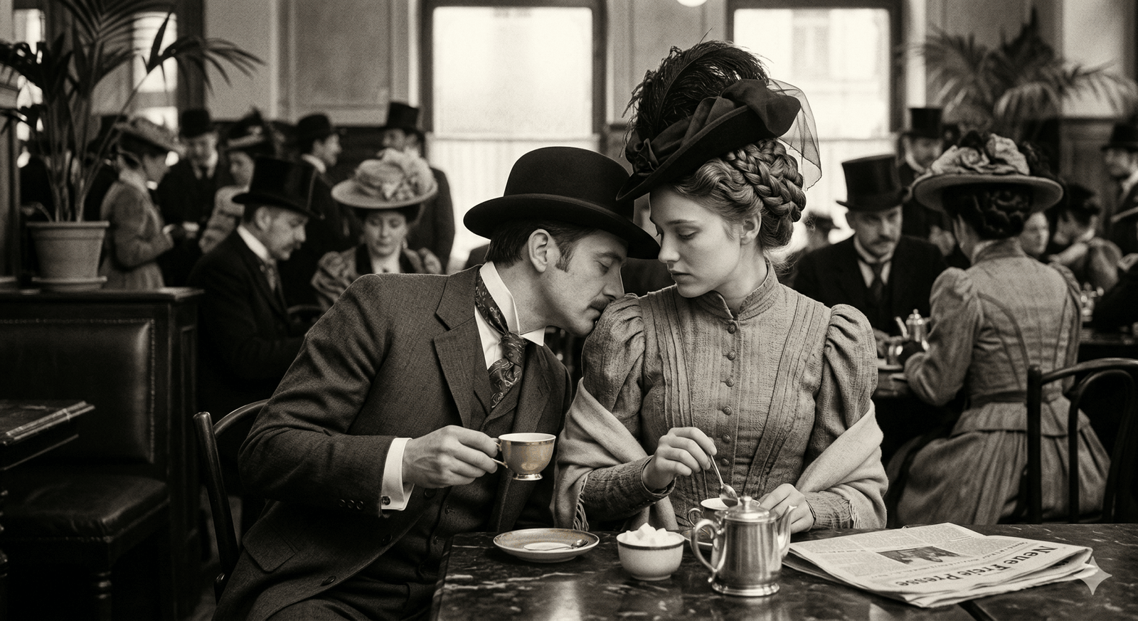 A woman and man in vintage attire sharing a tea in a bustling, historic café setting.