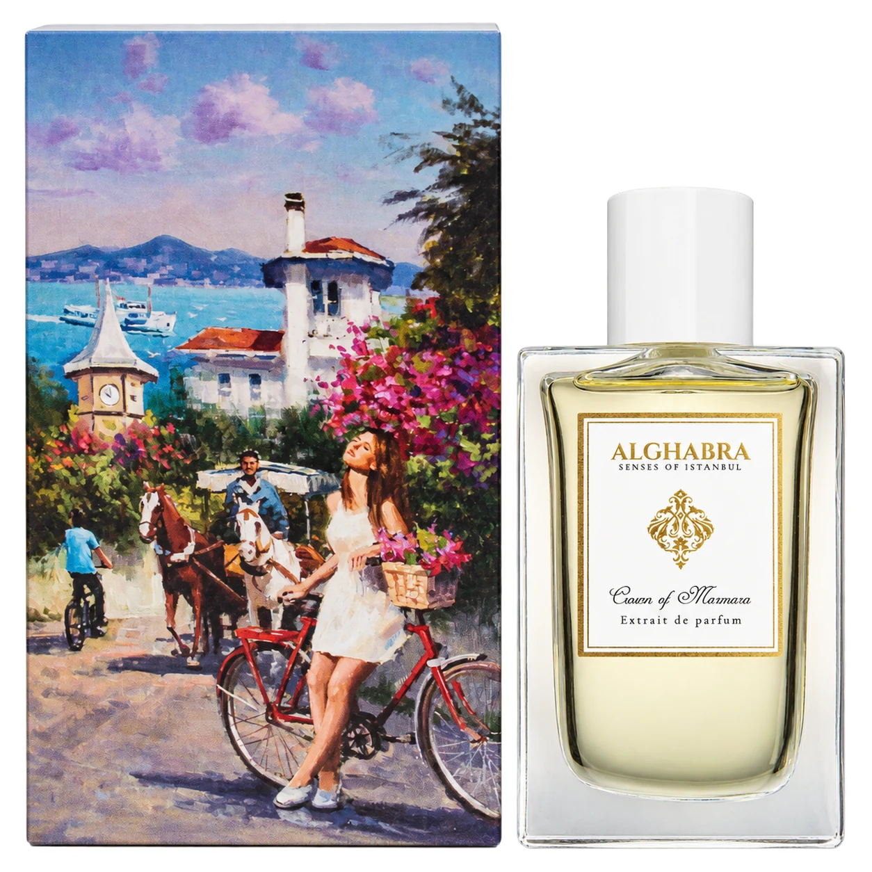 Alghabra Crown of Marmara 50ml bottle and presentation box, facing forward on a white background