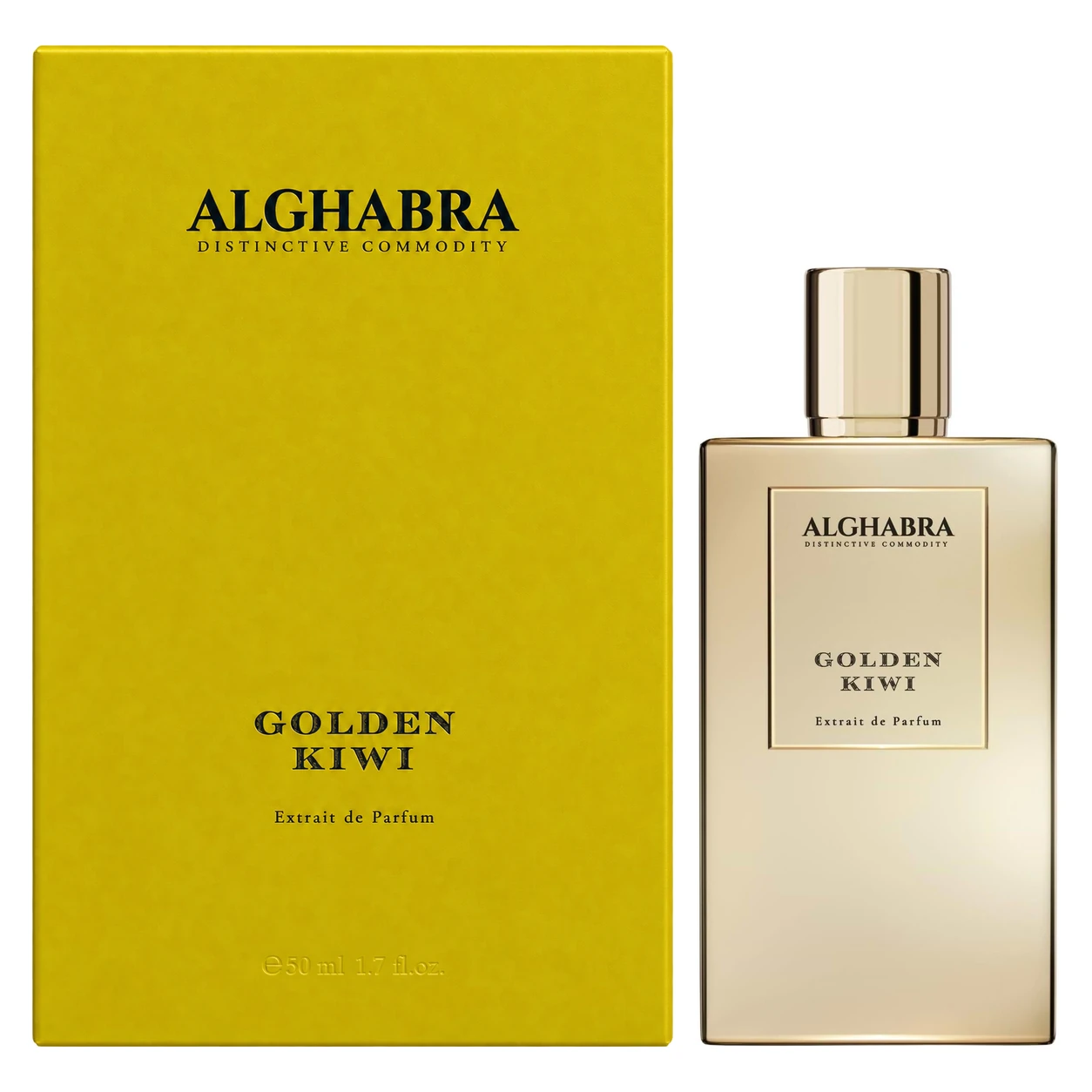 Alghabra Golden Kiwi 50ml gold bottle and yellow carton, facing forward side by side on a white background