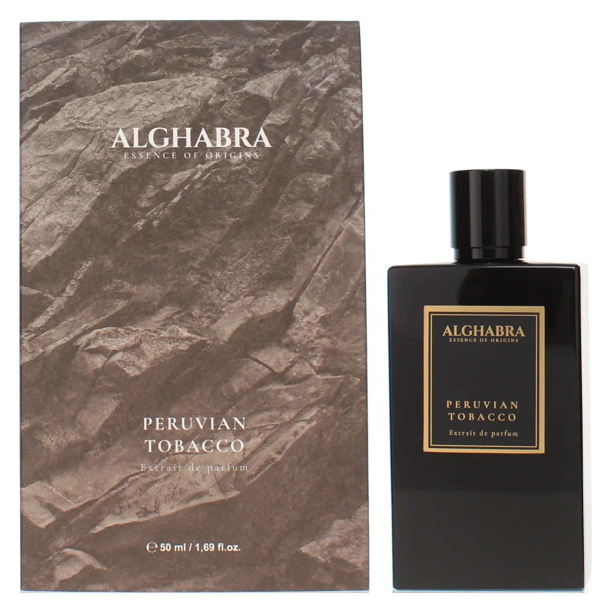 Alghabra Peruvian Tobacco 50ml carton and perfume bottle, facing forward side by side on a white background