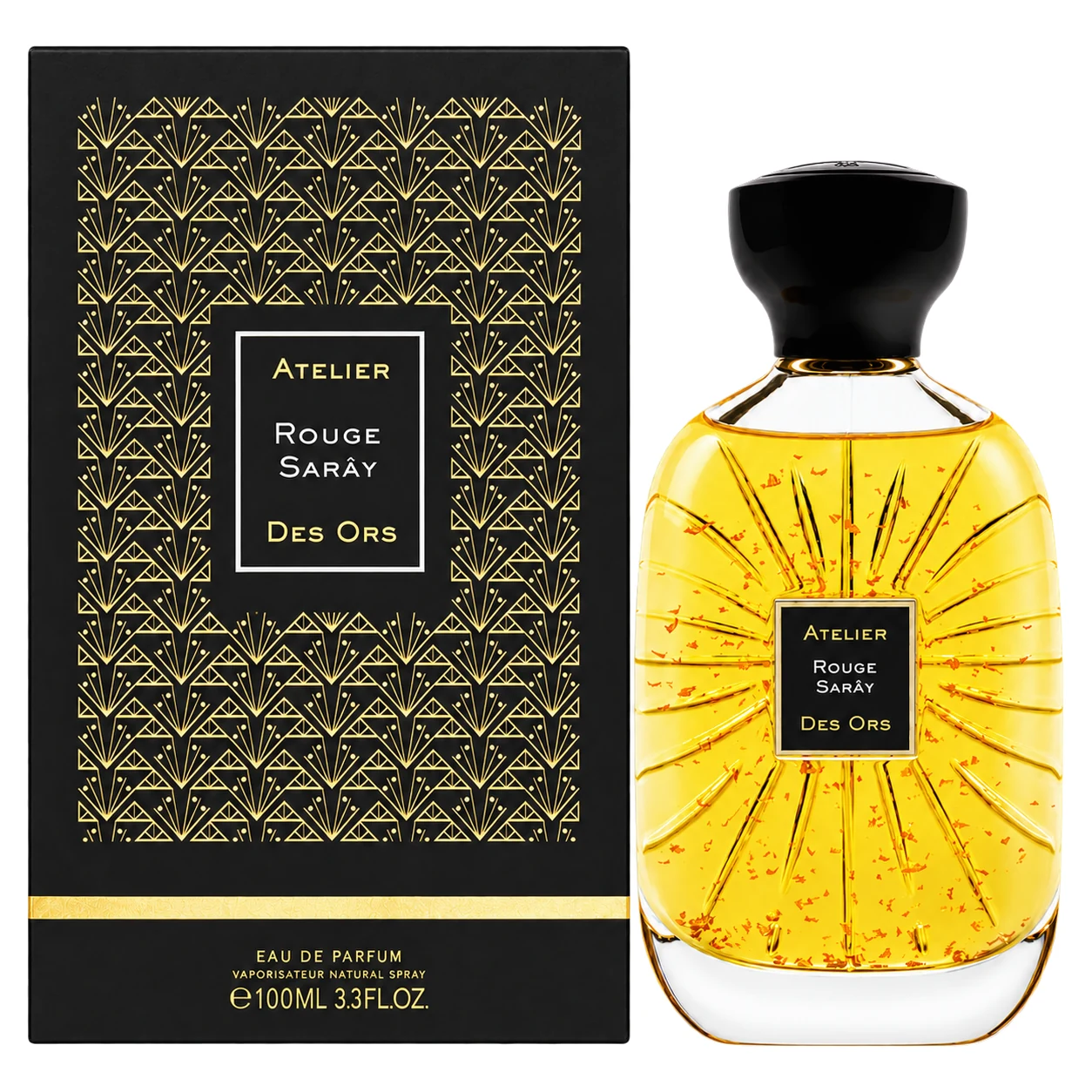 Atelier des Ors Rouge Sarây 100ml bottle and presentation box, facing forward on a white background