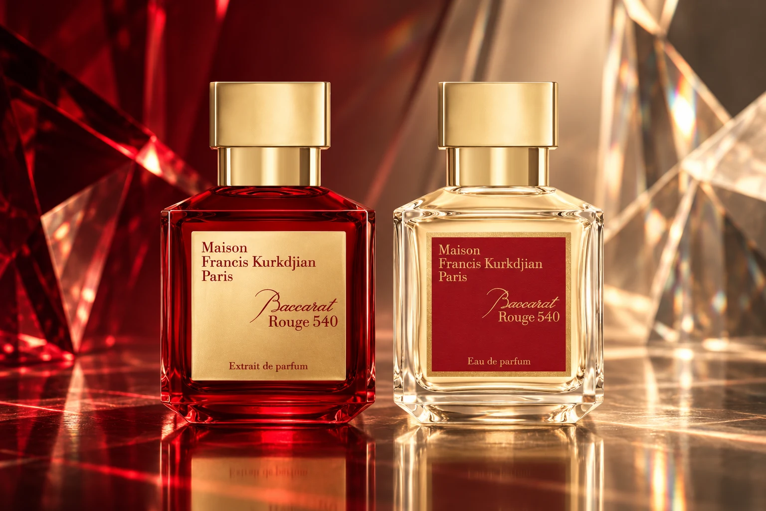Baccarat Rouge 540 Extrait in its red bottle beside the clear Eau de Parfum bottle against ruby and champagne crystal.