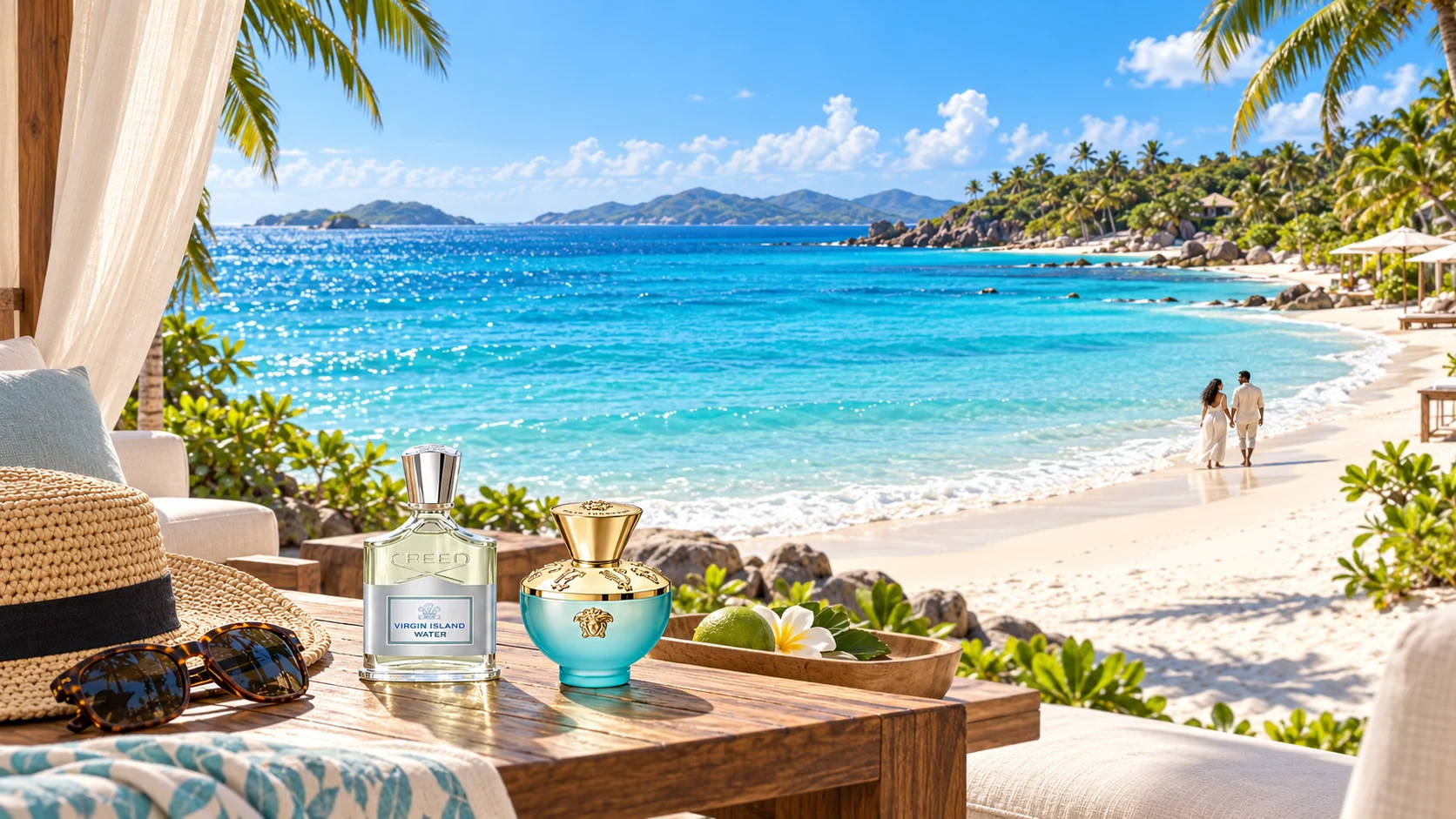 Creed Virgin Island Water and Versace Dylan Turquoise overlooking a turquoise beach, with a couple walking in the distance