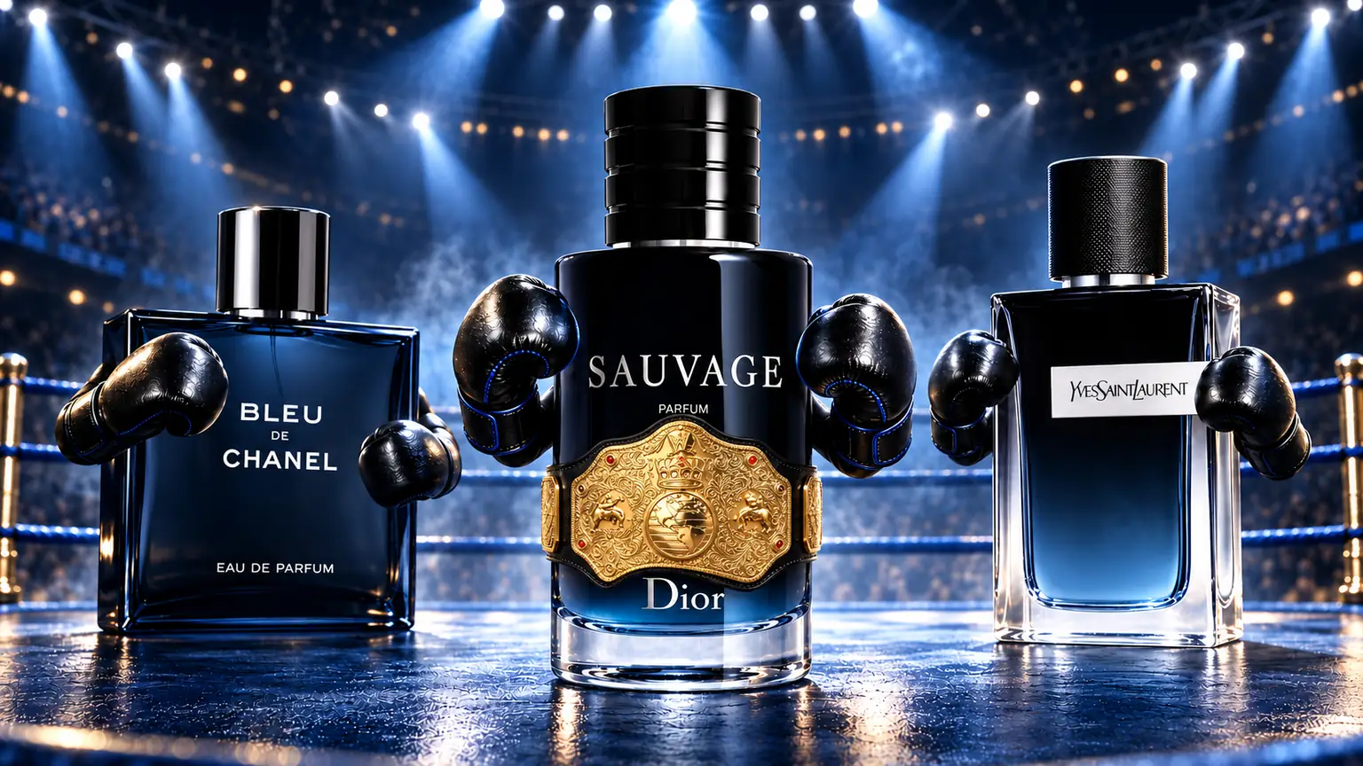 Dior Sauvage Parfum wearing a gold championship belt faces Bleu de Chanel and YSL Y in a blue boxing arena