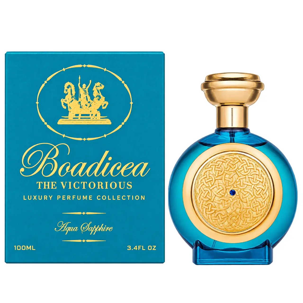 Boadicea the Victorious Aqua Sapphire 100ml perfume bottle and wide teal presentation box on pure white