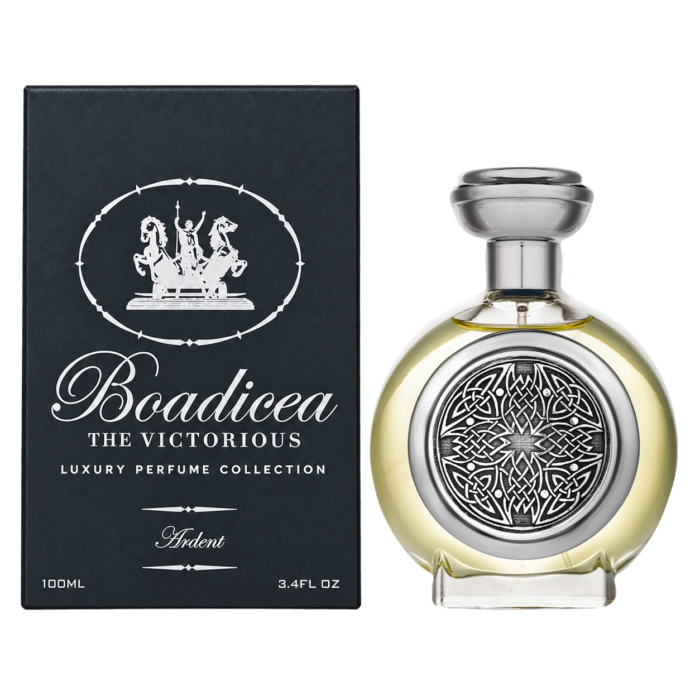 Boadicea the Victorious Ardent 100ml bottle and dark presentation carton, facing forward side by side on a white background