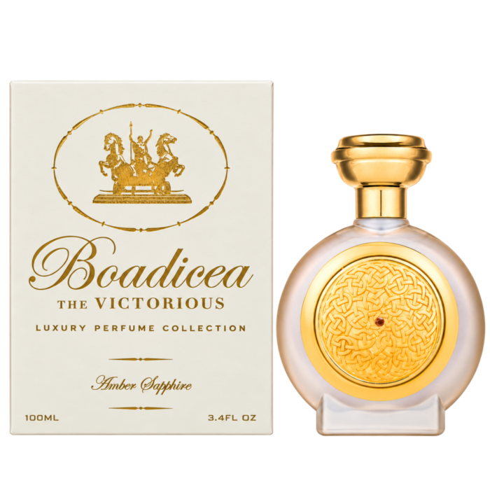 Boadicea the Victorious Amber Sapphire 100ml bottle and pack on a white background