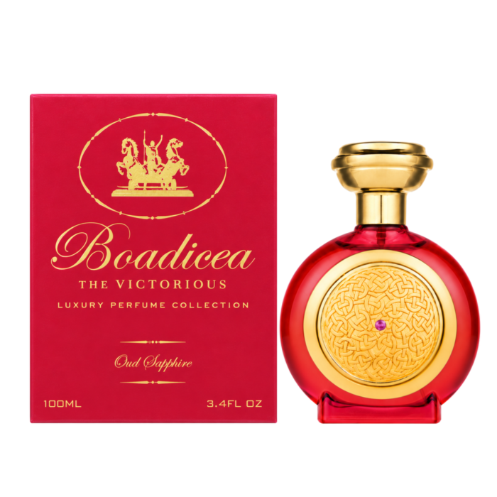 Boadicea the Victorious Oud Sapphire 100ml bottle and pack on a white background