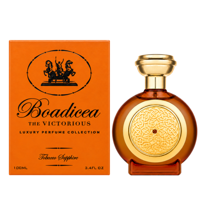 Boadicea the Victorious Tobacco Sapphire 100ml bottle and pack on a white background