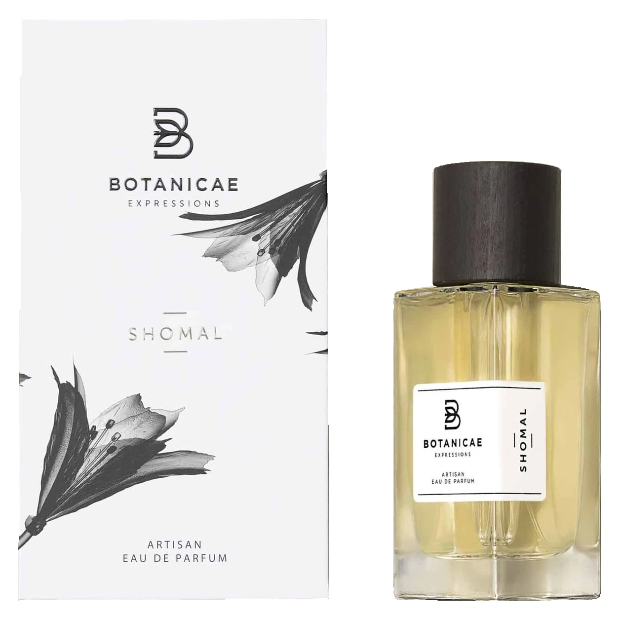 Botanicae Expressions Shomal 100ml carton and perfume bottle, facing forward side by side on a white background