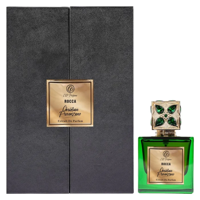 Christian Provenzano Rocca 100ml green perfume bottle and black presentation case, facing forward on a white background