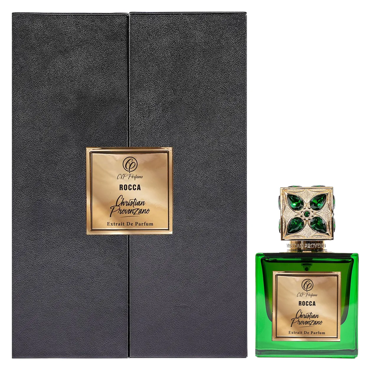 Christian Provenzano Rocca 100ml green perfume bottle and black presentation case, facing forward on a white background