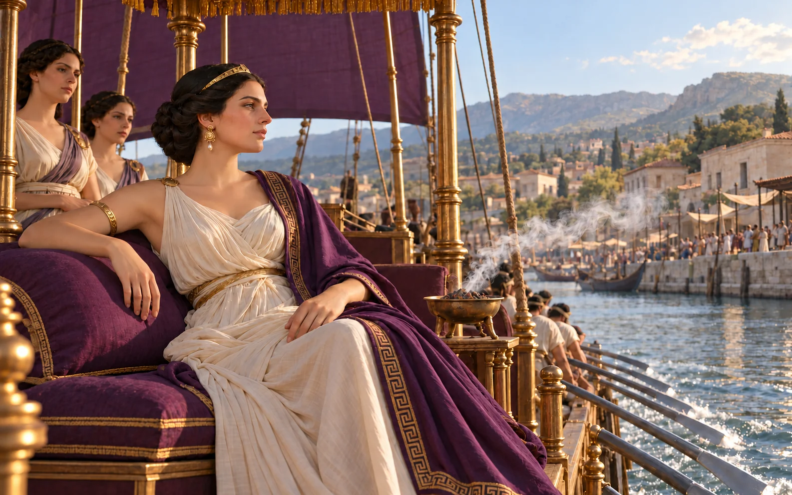 Artistic reconstruction of Cleopatra on a purple-sailed royal barge, with incense drifting towards Tarsus in 41 BCE.