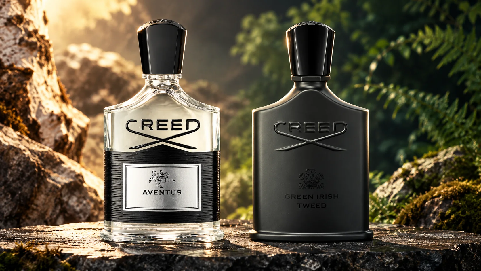 Creed Aventus vs Green Irish Tweed, with both bottles against stone and green foliage.