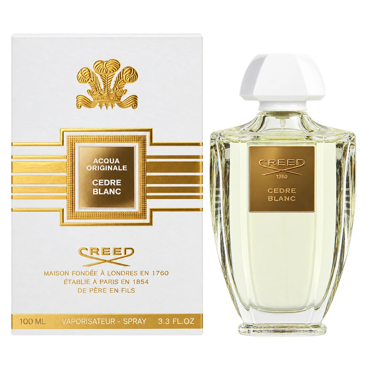 Creed Cedre Blanc Acqua Originale Eau de Parfum 100ml bottle and matching white-and-gold carton on pure white