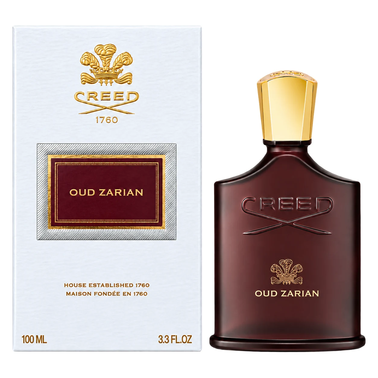 Creed Oud Zarian 100ml bottle and presentation box, facing forward on a white background