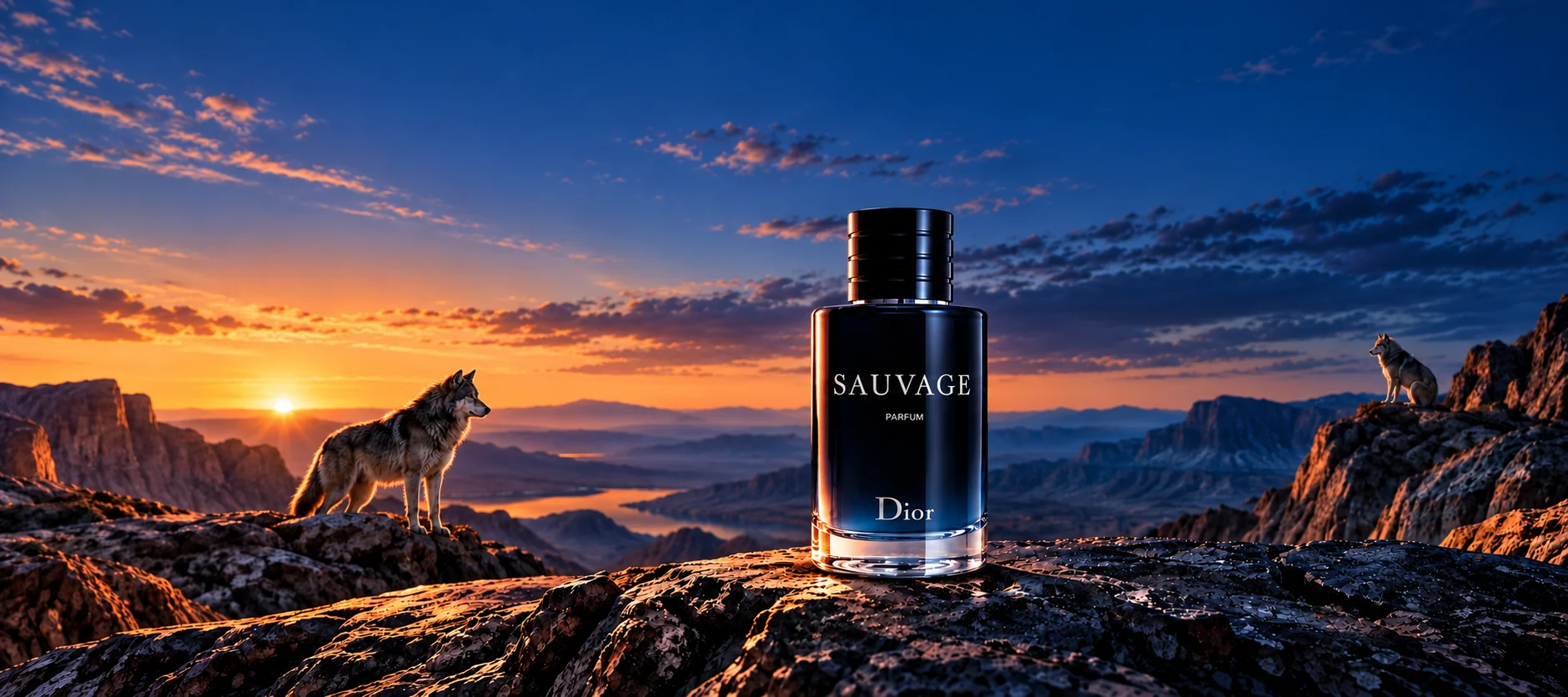 Dior Sauvage Parfum bottle in an artistic desert landscape at sunset.