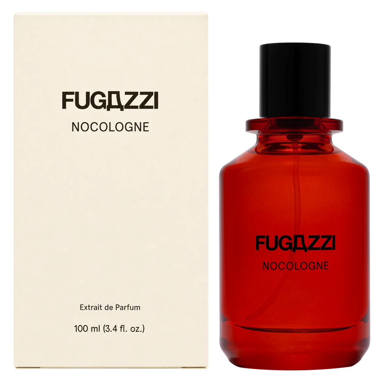 Fugazzi Nocologne 100ml red perfume bottle and cream carton, facing forward side by side on a white background