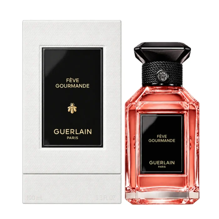 Guerlain Fève Gourmande 100ml Eau de Parfum bottle and white textured carton on pure white