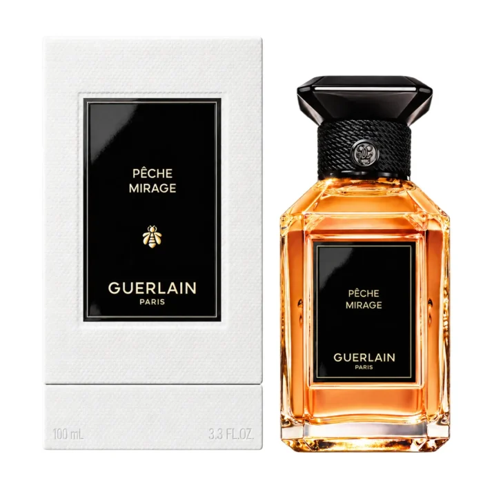 Guerlain Pêche Mirage 100ml Eau de Parfum bottle and white textured carton on pure white