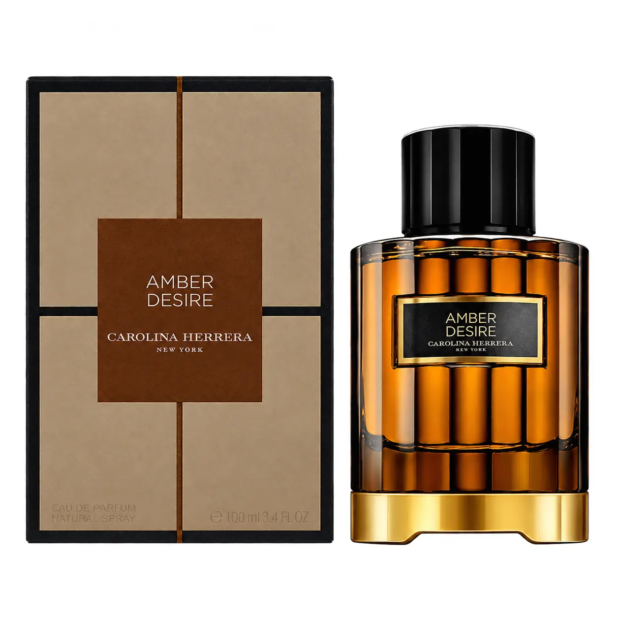 Herrera Confidential Amber Desire bottle and box on a white background.