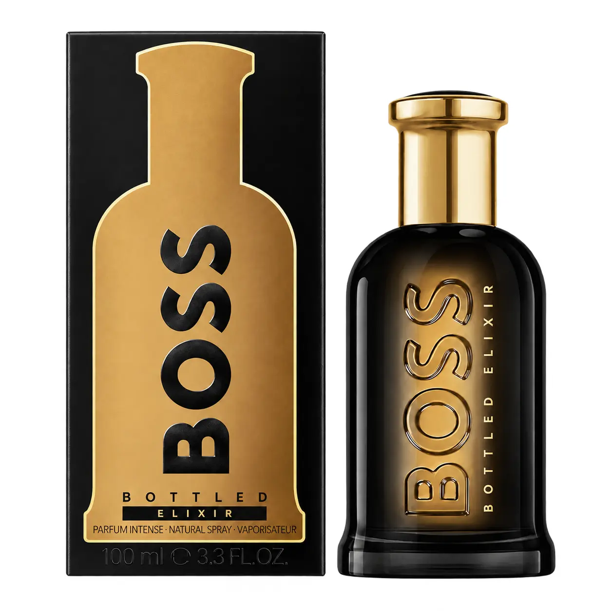 Hugo Boss Bottled Elixir bottle and box on a pure white background