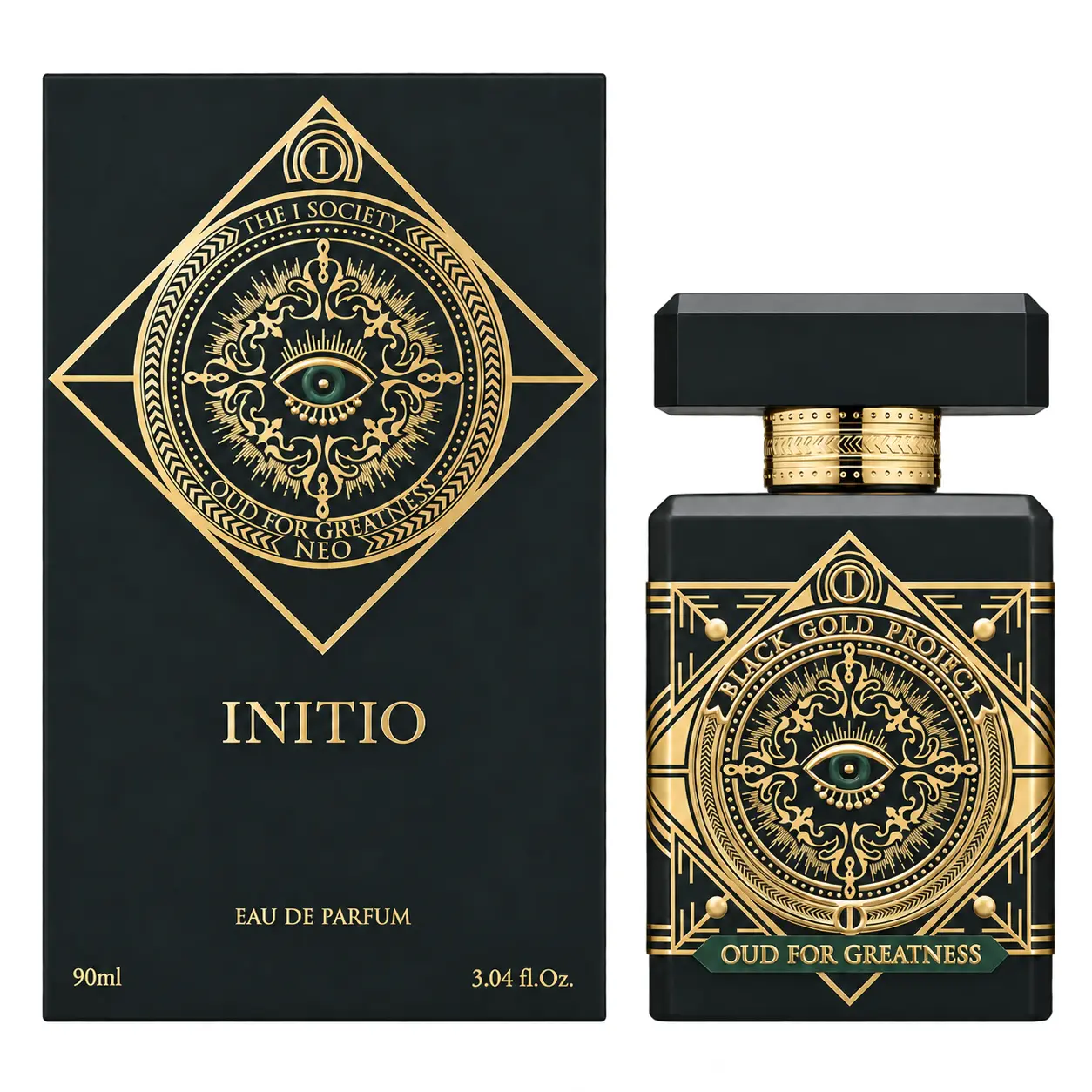 Initio Oud for Greatness Neo bottle and box on a pure white background