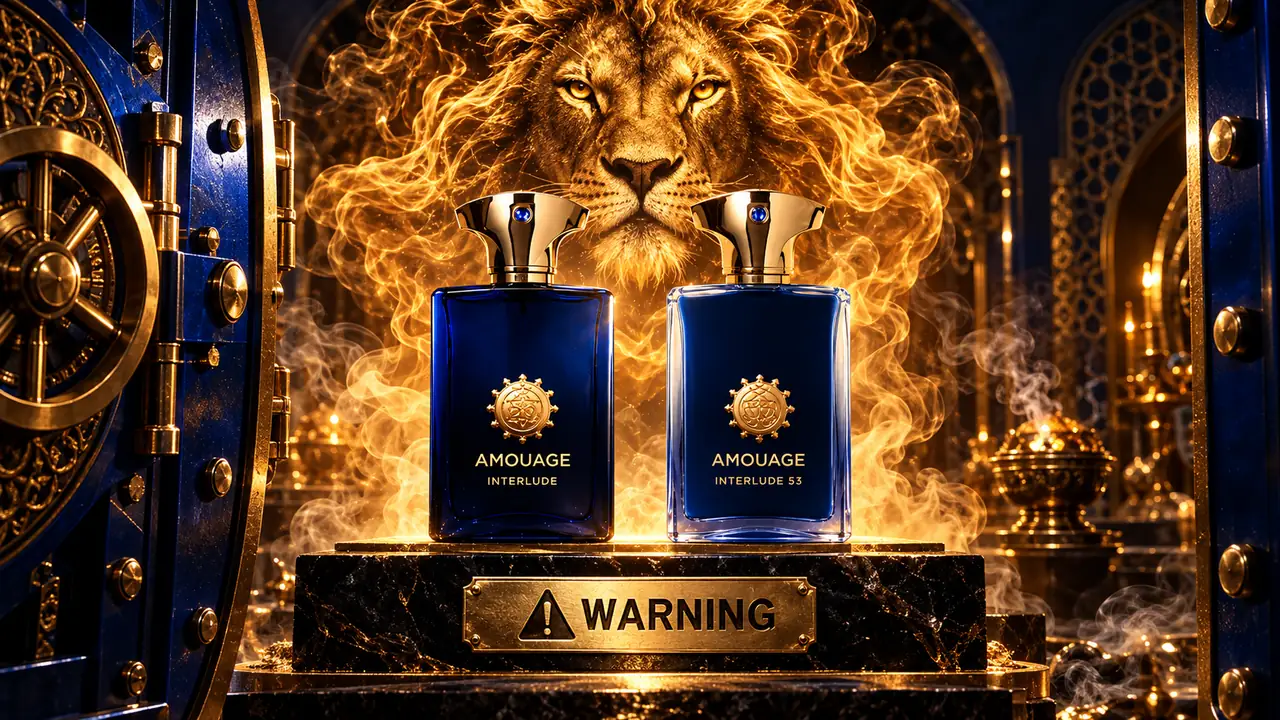 Amouage Interlude and Interlude 53 in an open blue vault beneath a golden smoke lion and warning plaque