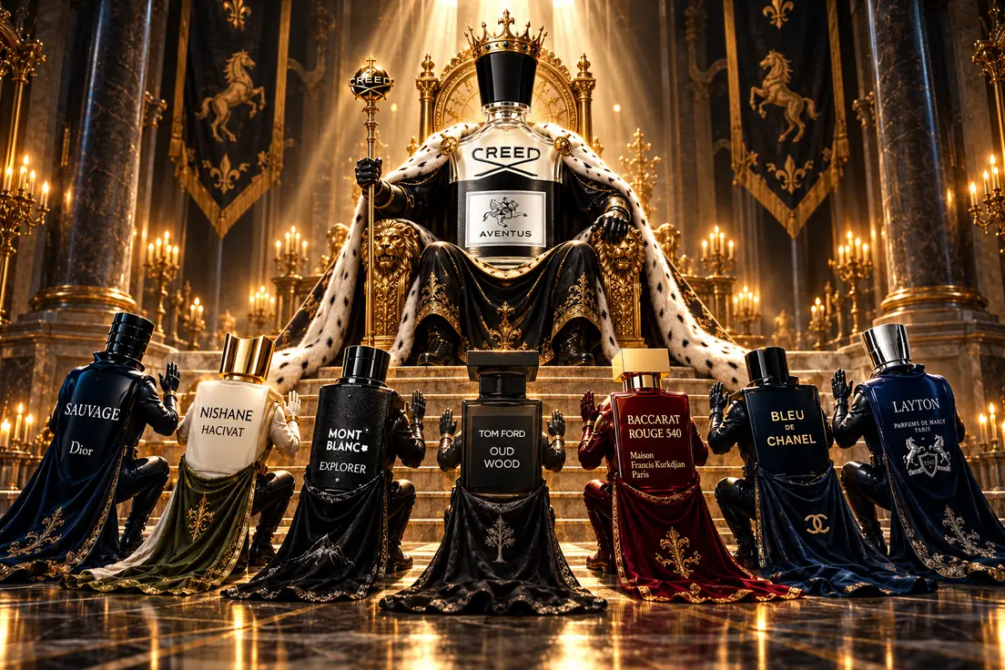 Crowned Creed Aventus on a golden throne with seven fragrance figures paying homage