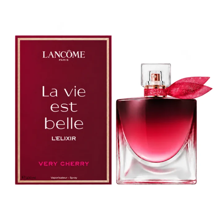 Lancôme La Vie Est Belle L’Elixir Very Cherry 100ml bottle and burgundy carton on pure white