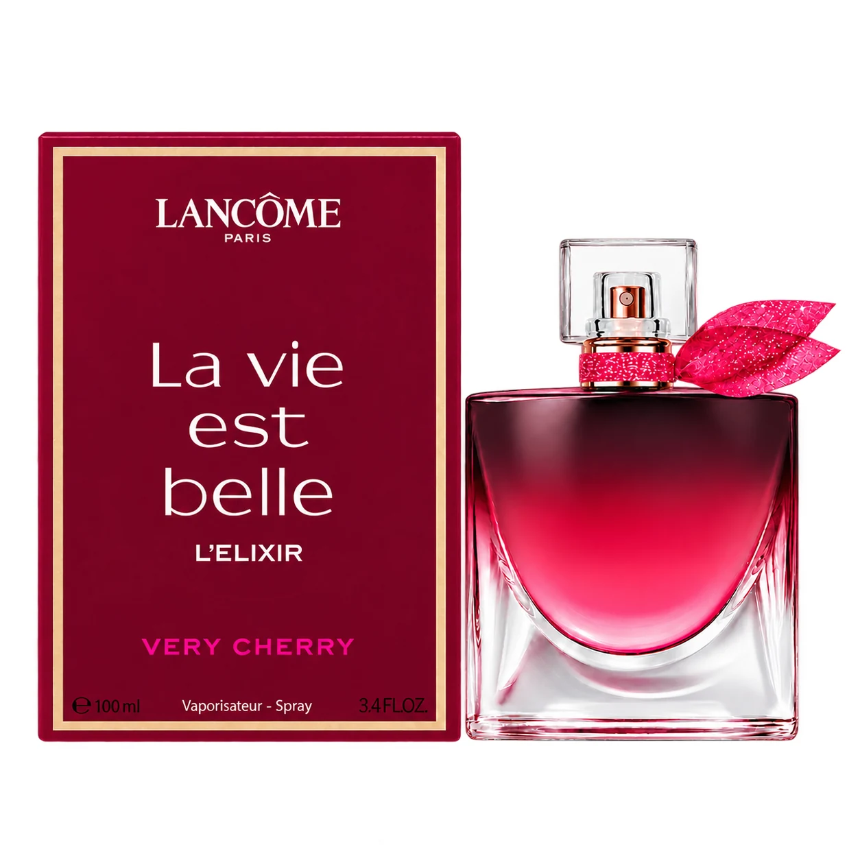 Lancôme La Vie Est Belle L’Elixir Very Cherry 100ml bottle and carton on pure white