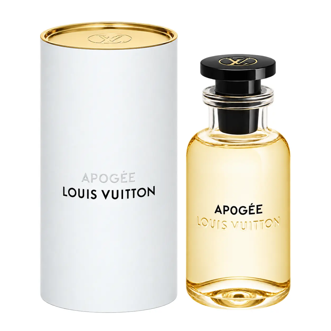 Louis Vuitton Apogée 100ml perfume bottle and white cylindrical presentation case on pure white