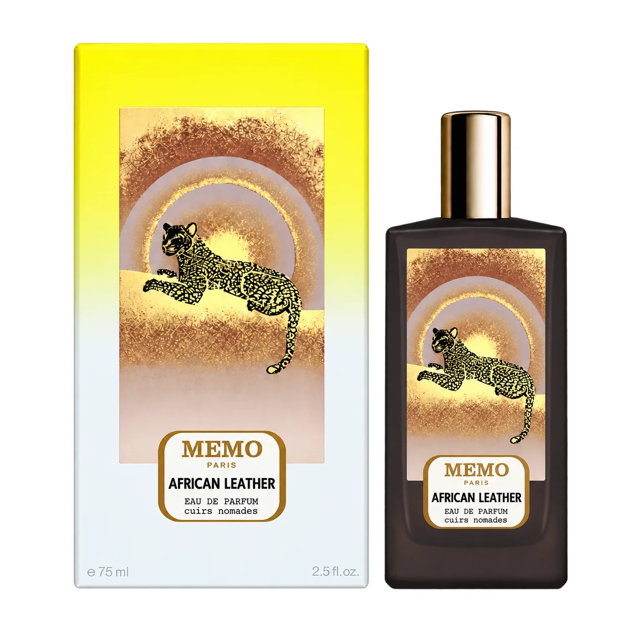 Memo African Leather EDP 75ml bottle and matching yellow-to-white leopard carton