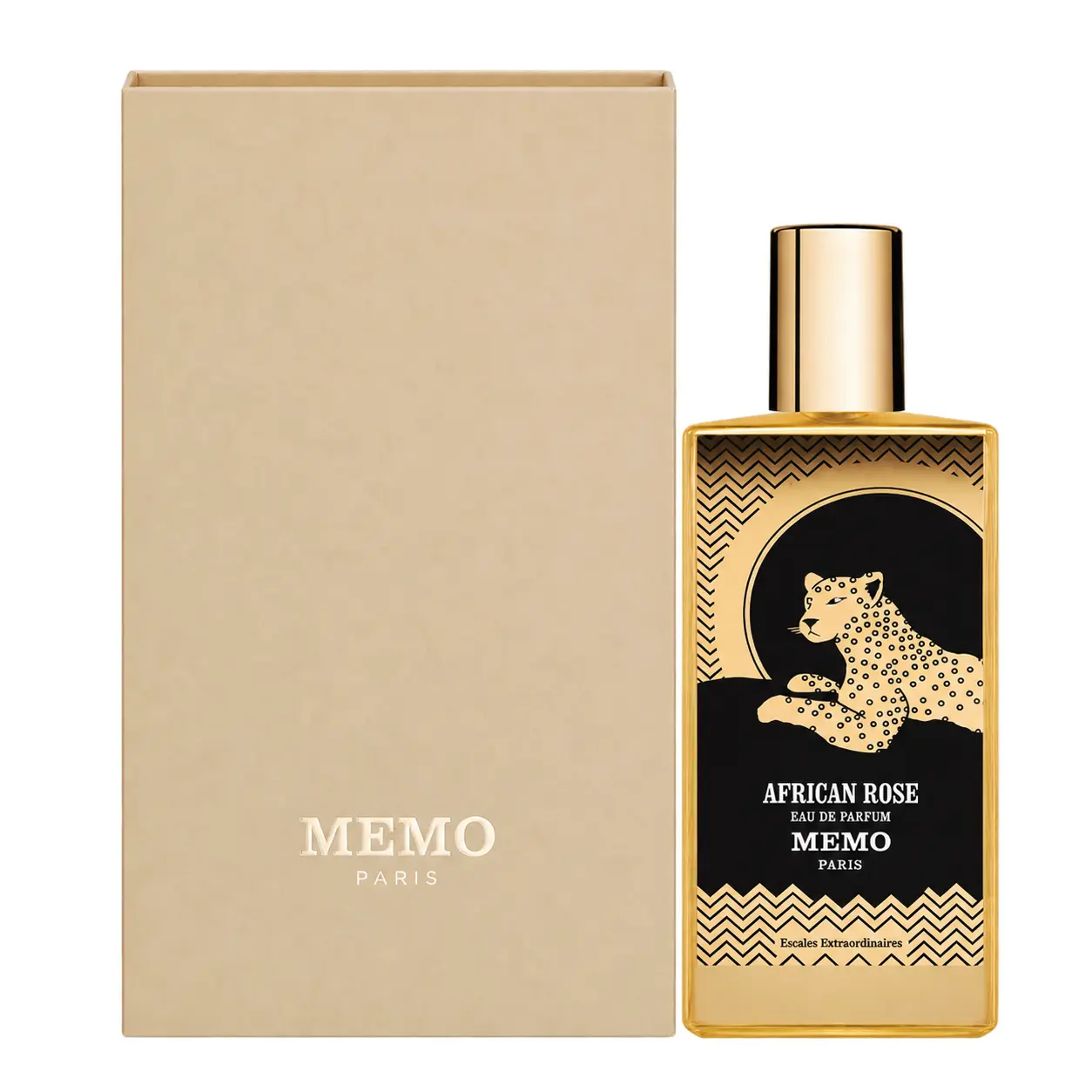 Memo African Rose 75ml bottle and presentation box, front facing on pure white