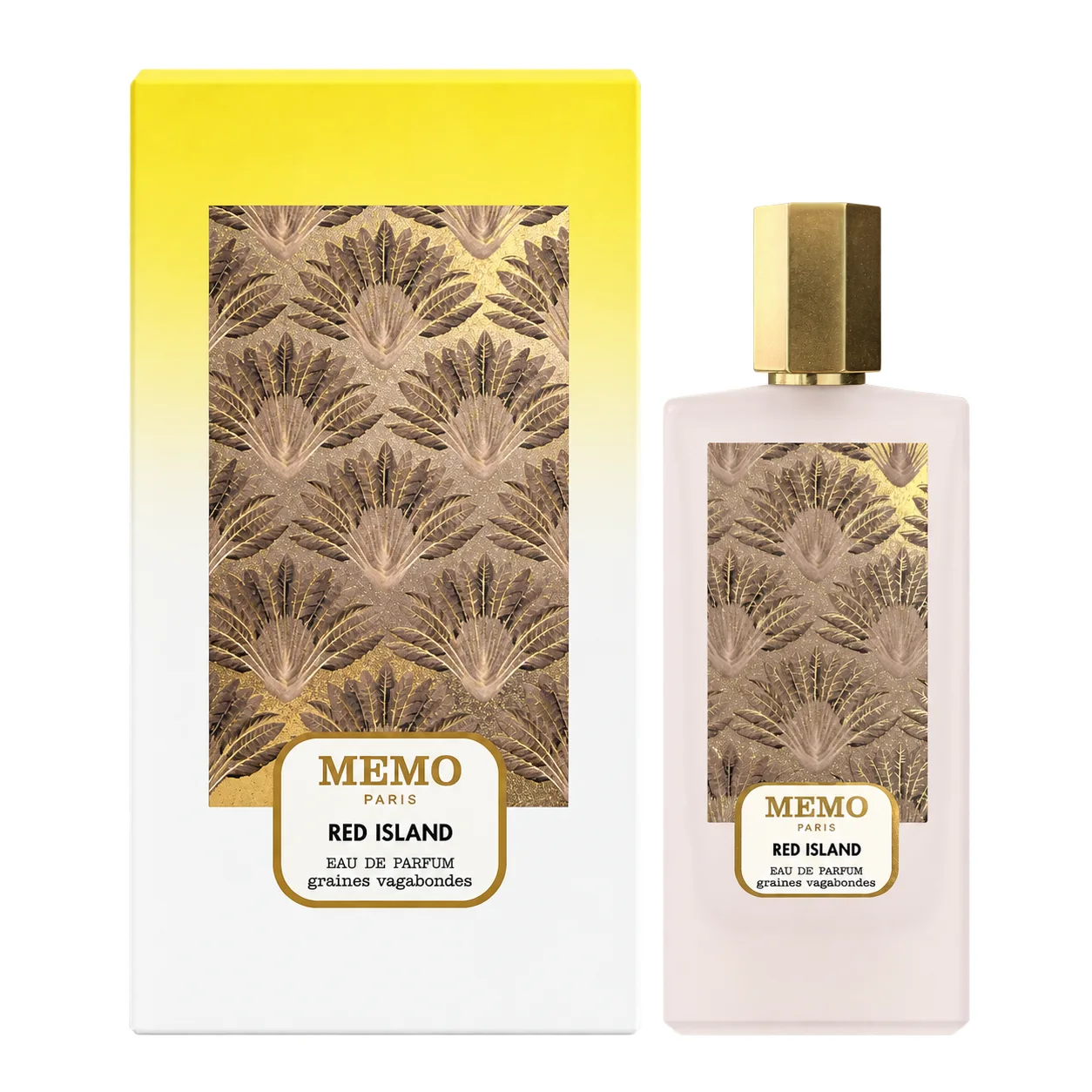 Memo Red Island Eau de Parfum 75ml bottle and matching yellow-gradient carton on pure white