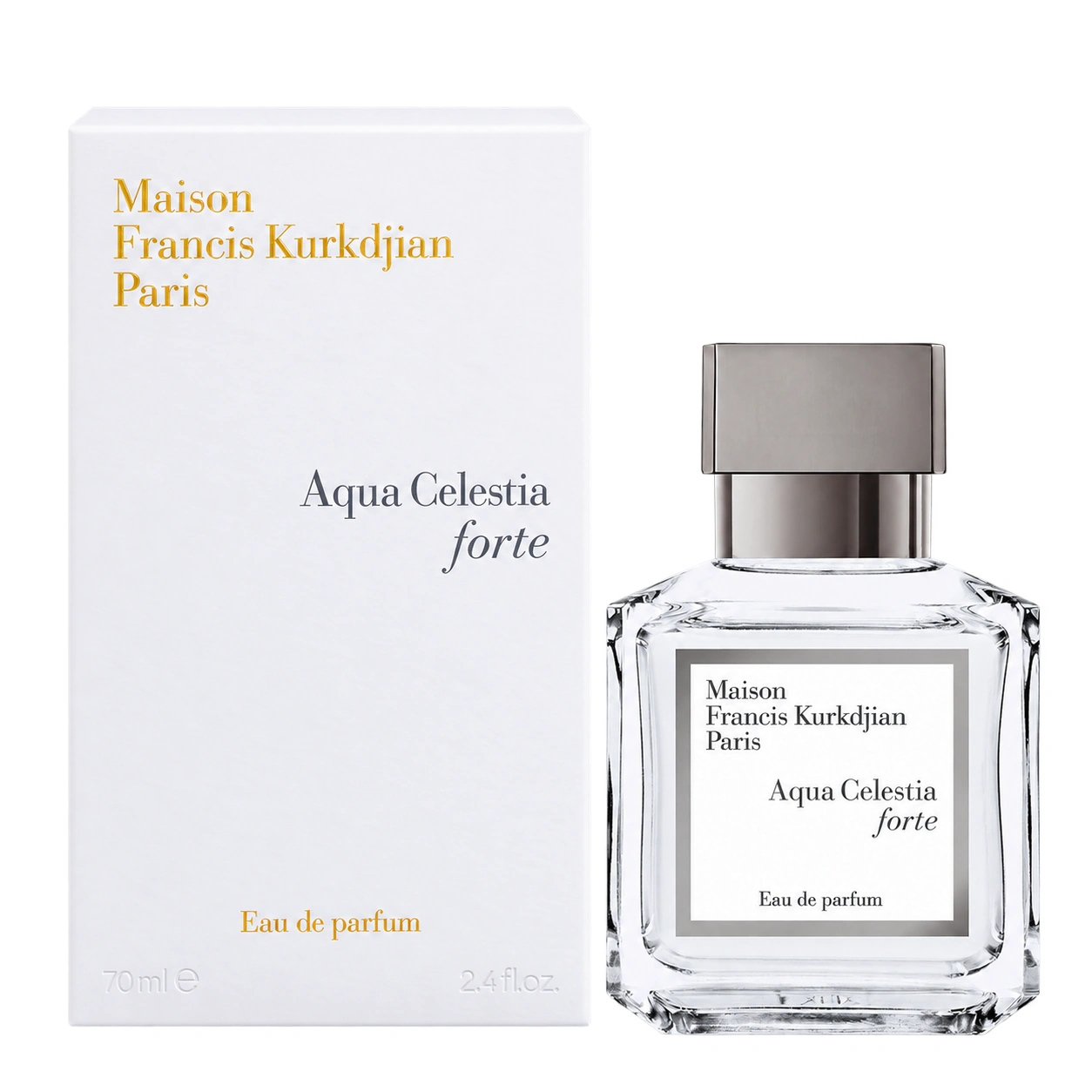 Maison Francis Kurkdjian Aqua Celestia Forte EDP 70ml bottle beside its white presentation box