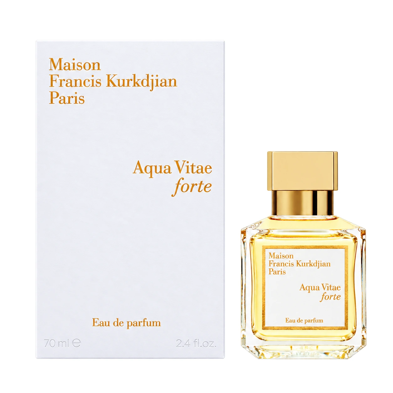 MFK Aqua Vitae Forte Eau de Parfum 70ml bottle and matching carton on pure white