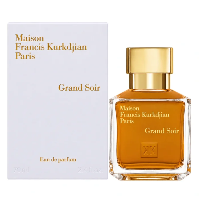 Maison Francis Kurkdjian Grand Soir Eau de Parfum 70ml bottle and front-facing retail box on white