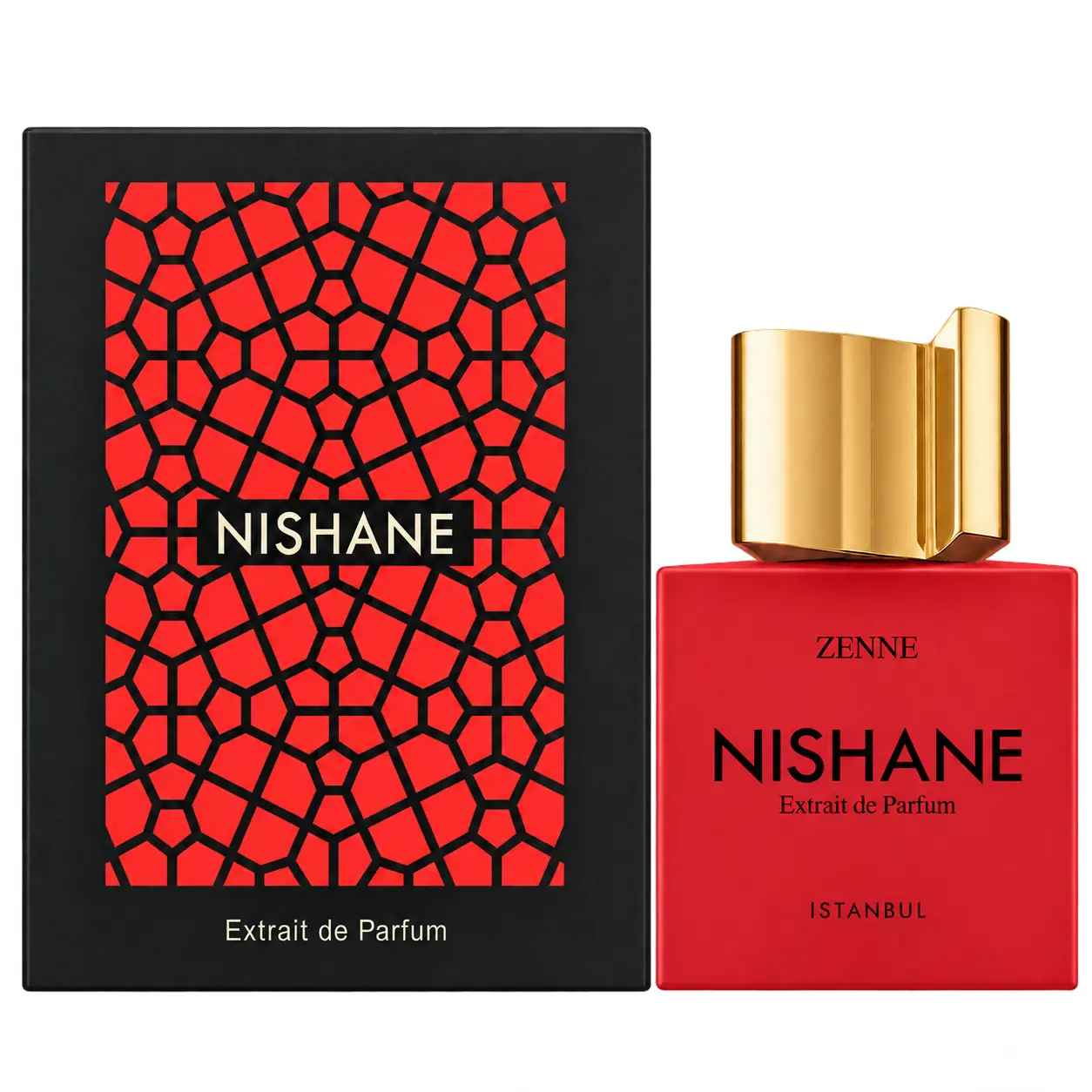 Nishane Zenne 50ml red bottle and patterned retail carton on pure white