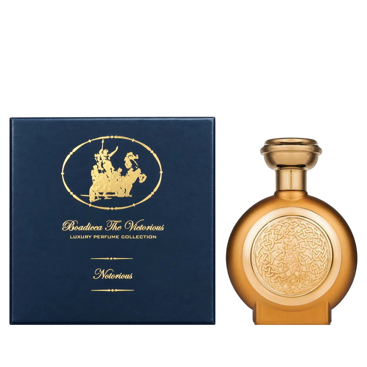 Boadicea the Victorious Notorious 100ml gold bottle and navy presentation box