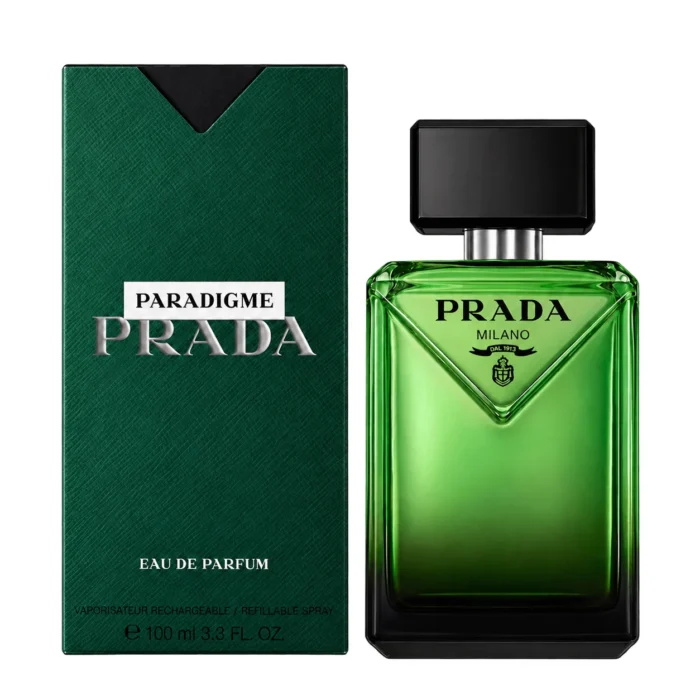 Prada Paradigme EDP 100ml bottle and matching green carton on pure white