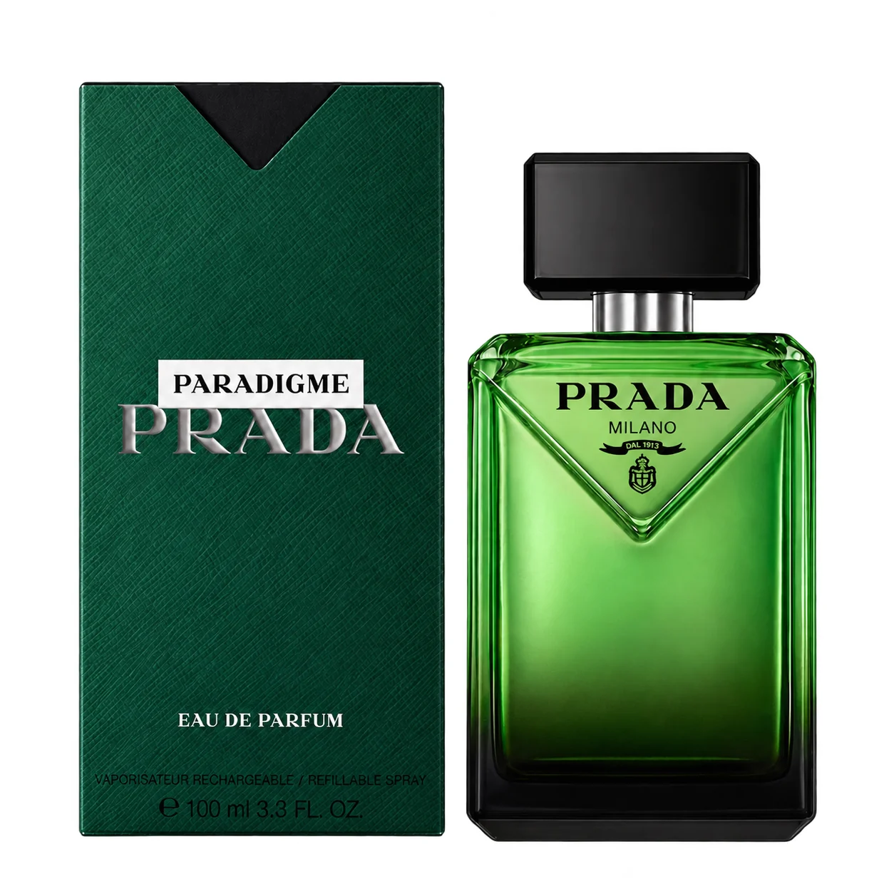 Prada Paradigme EDP 100ml bottle and matching green carton on pure white