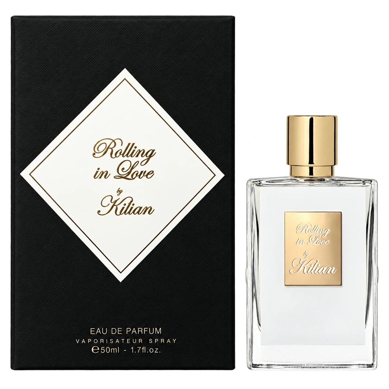 Kilian Rolling in Love 50ml white bottle with gold cap and presentation box on white