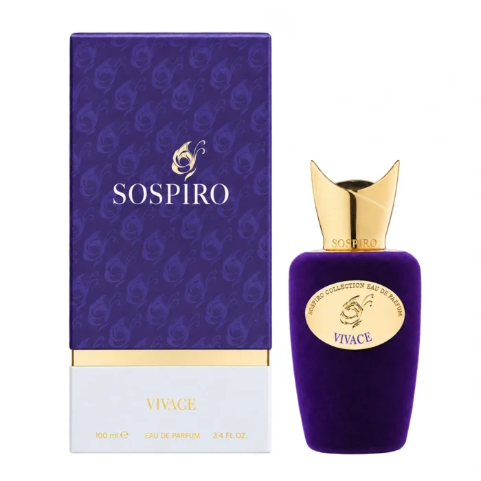 Sospiro Vivace EDP 100ml purple bottle beside its matching purple and white presentation box