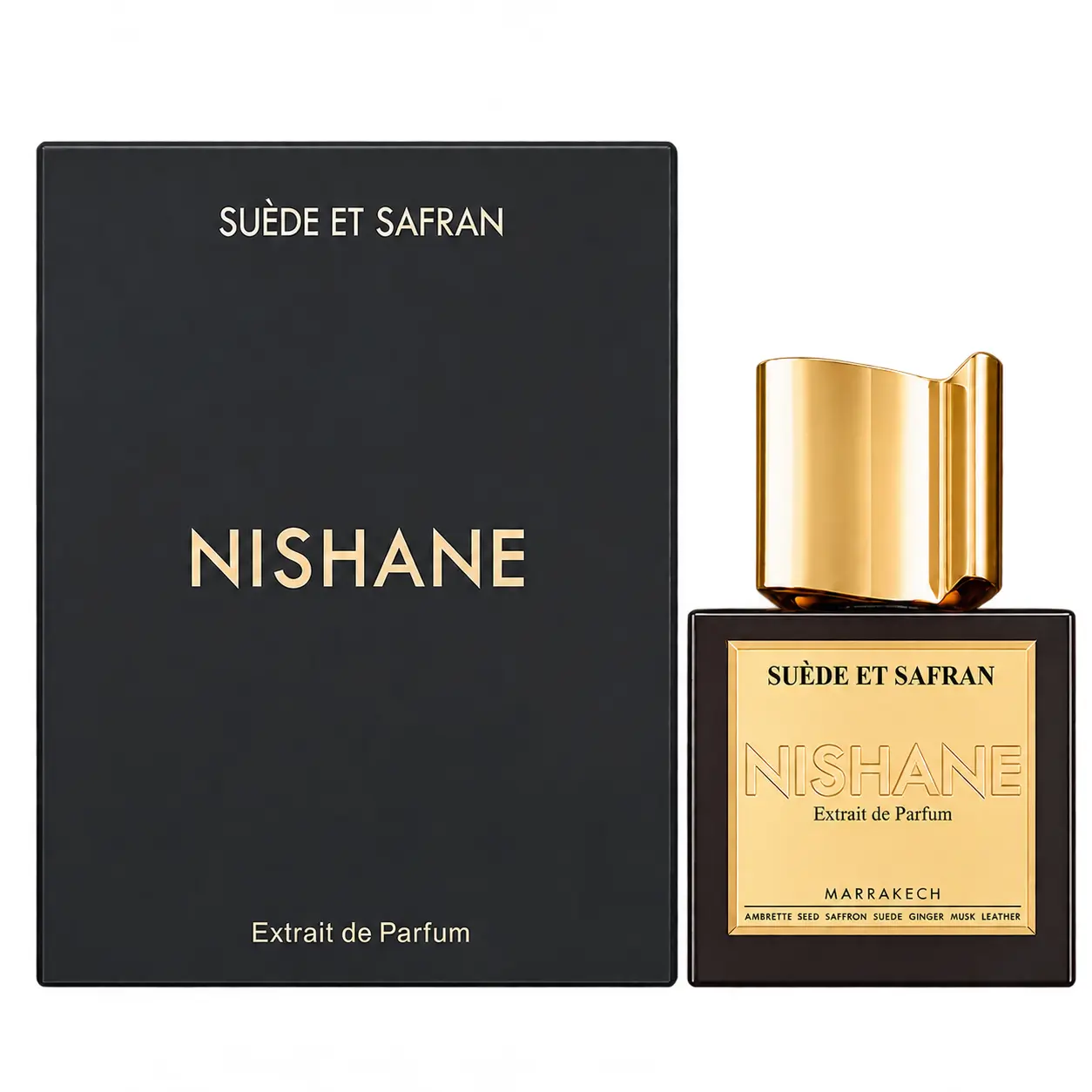 Nishane Suède et Safran 50ml bottle with square proportions and black retail carton on pure white