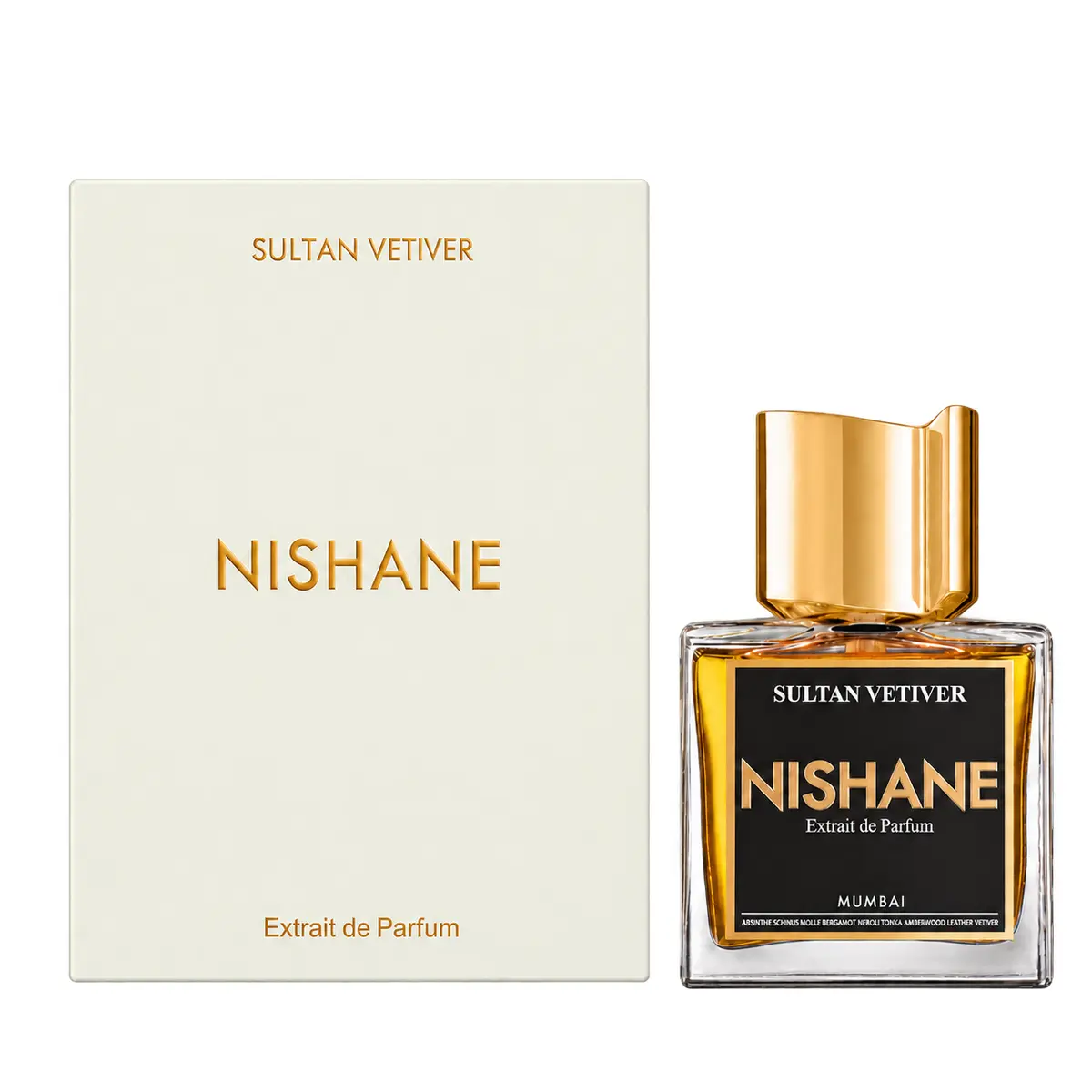 Nishane Sultan Vetiver 50ml bottle and cream carton on a pure white background
